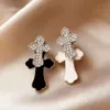 S Sier Needle Korean Sweet Cool Style Diamond Drip Oil Cross with Individualized Cold Style, Two Wearing Earrings for Women