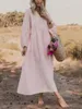 Robes décontractées Mode Femmes Printemps Robe longue Couleur unie Col en V Manches Plage Vacances S M L