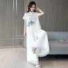 Suits China Women Retro Cheongsam Top Chiffon White Wideleg Pants Chinese Style Vintage Elegant Linen Print 2 Piece Pants Set