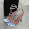 최고 품질의 Amina Muaddi Blue Real Silk Sandals 95mm 크리스탈 장식 스트랩 스풀 힐 힐 로마 신발 여성 여름 샌들 879