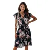 Casual Dresses Women Summer Dress Deep V Neck Ruffle Flower Print Pleated Tight Waist Dress-up Short Sleeves Rich Colors Beach Wome