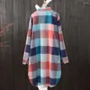 Blusas para mujer, camisa para mujer, estampado a cuadros de Color contrastante con dobladillo Irregular, manga larga, Top de mujer suave y transpirable de gran tamaño