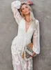 Abiti casual Estate Boho Maxi abito da donna manica lunga scollo a V in pizzo scava fuori volant in chiffon da donna Bohemian Beach bianco