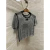 Designer 2024 Neue frauen Dreieck Muster Kurzarm Aushöhlen Casual Top Mode Oansatz Sehen Durch Lose Dame Sexy t