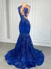 Festklänningar Elegant Royal Blue Mermaid Prom Dress for Black Girl Sparkly Lace Sequined Gown African Women Long Long