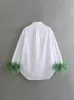 Women's Blouses High Street Fashion Women Shirts 2024 Removable Feather Long Sleeve Shirt Lapel Collar Button Up Elegant White Ladies Tops