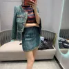 Women Tweed Jacket Autumn Blue Round Neck Long Sleeve Diamond Button Short Coat Fashion Vintage Female Jacket S-XL240304