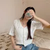 Women's Blouses TingYiLi V-neck Hollow Out Crochet Top Women Summer Button-Front Short Sleeve Knit Shirts Korean Style Ladies White Crop