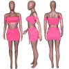 Suits Sexiga tvådelar för kvinnor Summer Set 2022 Off Shoulder Crop Top och Mini Kjol Set Club Party Elegant Pink Matching Set