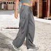 Calça Feminina CM.Feminino fashoin bolso lateral cordão cintura ruched carga reta 2024 feminino streetwear ativo safari