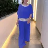 Pantalones de dos piezas para mujer, conjunto informal de negocios para mujer, conjunto de ropa de trabajo, gasa con retazos brillantes y ala de murciélago con cuello redondo