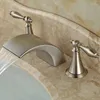 Torneiras de pia do banheiro Vidric Níquel escovado Deck Mount Torneira de bacia de água fria Dual Handles Waterfall Mixer Tap