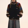 Женский трикотаж, зимняя мода, полосатый цветной коллизионный свитер с рукавами из искусственного ягненка, куртка с воротником-стойкой, трендовый вязаный кардиган