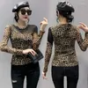 Women's T Shirts Spring Autumn TShirts Slim Fit Round Collar Printed Leopard Patched Mesh Long Sleeve T-shirt Women Trendy Tops