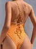 Kvinnors badkläder 2024 Deep V Neck One Piece Swimsuit Solid Backless Women Sexig baddräkt Kvinna Back Cross spetsar upp strandkläder Bodysuit