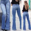 Jeans femme Flare Jeans pantalon pour femmes mode longueur au sol bleu Denim lavé Jean taille haute maman cloche bas grande taille Jeans dames 240304