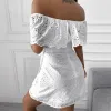 Vestido novo branco oco bordado sexy um ombro cintura feminina sólido fora do ombro buraco mini vestido casual elegante moda chique vestido