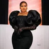 Robes de bal africaines de grande taille, robes de soirée sirène noires, manches longues, col transparent, dentelle perlée, robe d'anniversaire formelle pour femmes noires, robe de fiançailles AM469