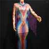 Scene Wear Nightclub Costume Lady Colorful Rhinestones Tassel Long Dress Strängkväll Firar mager klänningar Födelsedag promenad