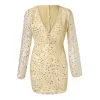 Robe Sexy col en V profond robe à paillettes femmes mode bouffée à manches longues taille haute mince mini robe crayon femmes élégantes robe de soirée