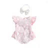 Rompers Pudcoco Infant Born Baby Girls Romper Set Fly Sleeve Backless Flower Lace Patchwork With Bowknot Hairband