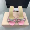 Casual Designer Fashion Women Sexy Lady Pink Satin Bow Crystal Strappy High Heels Rhinestone Sandals Party Shoes Muler Slipper Sandalias de Las Mujeres