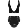 Bras Sets Womens Wet Look Patent Leather Lingerie Set Wide Shoulder Strap Bra Top Low-Cut Crop Tank Vest With High Waist Zipper Briefs