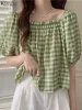 Blouse ZANZEA Dames Koreaanse zomerblouse met korte mouwen Vakantie Tops Mode Vierkante hals Casual strandoverhemd Geruite gecontroleerde losse blusas