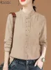 Zanzea estilo chinês blusa vintage escritório camisa de manga longa moda outono feminino duplo breasted topo casual oversize blusa 240223