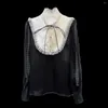 Women's Blouses PREPOMP 2024 Spring Arrival Long Sleeve Bow Bandage Rhinestone Buttons Ruffles Stand Collar Blouse Women Top GP245