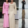 Casual Dresses Solid Color A-line Dress Elegant U Neck Long Sleeve Maxi With Slim Fit Design Lace Up Back Strap For Women