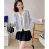 Frauen Strick Plaid Pullover Mantel Weste Zwei-Stück Set 2024 Herbst Lose Sanfte V-ausschnitt Strickjacke Kleidung