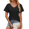 Mulheres Camisetas Mulheres T-shirt Sólida Manga Curta Blusas V Pescoço Plissado Macio Túnica Tops com Bolso Top Mulheres Moda Blusa 2024 Camisa