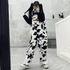 Street Hip-hop Harajuku Girl Cow Print Oneies For Women Black White Plaid Overalls Casual Jumpsuit Trousers Baggy Pants 240304