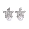 Stud Earrings Women Fashion Elegant Shiny Zircon Set Floral Imitation Pearl Copper Wedding Prom Costume Jewelry Accessories