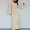 Casual Dresses Solid Color A-line Dress Elegant U Neck Long Sleeve Maxi With Slim Fit Design Lace Up Back Strap For Women