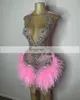 Party Dresses Luxury Sexy See Through Women Birthday Formal Gowns Sparkly Crystals Diamond Black Girl Feather Short Prom 2024