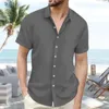 Chemises décontractées pour hommes coton et lin rayé Jacquard chemise ample à manches courtes manches d'été haut vers le bas