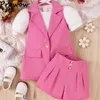 Kläder sätter Prowow Kids Clothes Girls Outfit Laple Blazer Jacket Puffly Sleeve T-shirts Hög midja Shorts Barn sommardräkt för