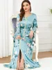 Casual Jurken Elegante Dames Voor Feest 2024 Bloemen Gedrukt V-hals Tape Trim Gordel Kaftan Moslim Abaya Jurk Dubai Ramadan