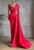 Red Mermaid Evening Dresses Sheer Long Sleeves Beading Tassel Ruched Arabic Formal Party Gowns Celebrity Met Gala Prom Wears BC