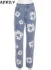 Dżinsy damskie dżinsy Akaily Fall Floral Streetwear Blue High talia workowate panie solidne proste długie spodnie 240304