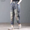 Women's Jeans Jeans Embroidery Ethnic Wind Woman Hole Cartoon Elastic Waist Radish Denim Harem Pants Plus Size 240304