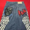 Jeans pour femmes American Retro Street Fashion Hip Hop Skull Texte imprimé taille haute pour hommes Y2K Baggy Pantalon à jambes larges Femmes Bleu