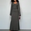 Casual Dresses Solid Color A-line Dress Elegant U Neck Long Sleeve Maxi With Slim Fit Design Lace Up Back Strap For Women
