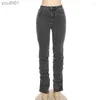 Women's Jeans Womens Jeans Sifreyr Gray Split Ruched Stacked Pants Women Clothing Streetwear Zip Up High Waist Pencil Baddie Style Y2K Denim Trousers 240304