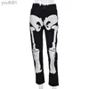 Damesjeans Damesjeans met skeletmotief, laagbouw Dames, streetwear Zwart Cyber Y2k Goth-broek Herfst 2021 Leuke luxe denimbroek 240304