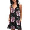 Casual Dresses Women Summer Sleeveless Midi Print Tank Vest With Pockets Floral Skirts Loose Fit Short Flowy Pleated Dress