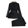 Women's Two Piece Pants Fashion Conjuntos Feminino Elegante Women Suit With Belt Autumn Winter Long Sleeve Blazer And Trousers Set