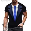 القمصان للرجال 2022 الصيف الجديد رجال قصير الأكمام تي شيرت بدلة مزيفة الشارع 3D Tank Top Fashion Funder Tuxedo Bow Tie 3D Print Top L240304